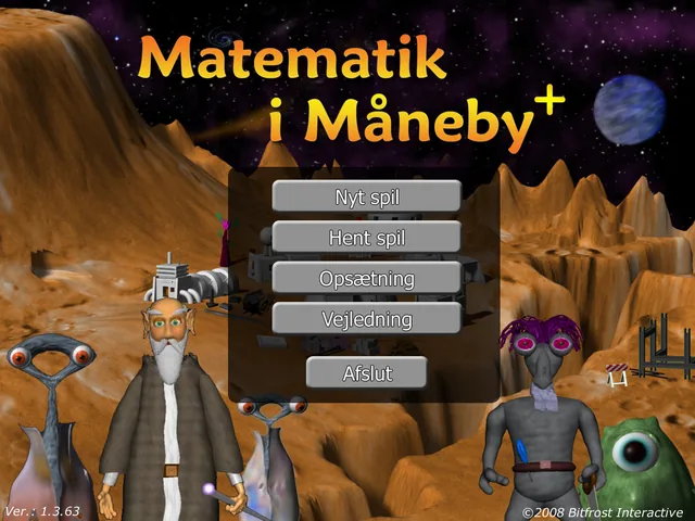 The main menu of Matematik i Måneby with the moon town in the background