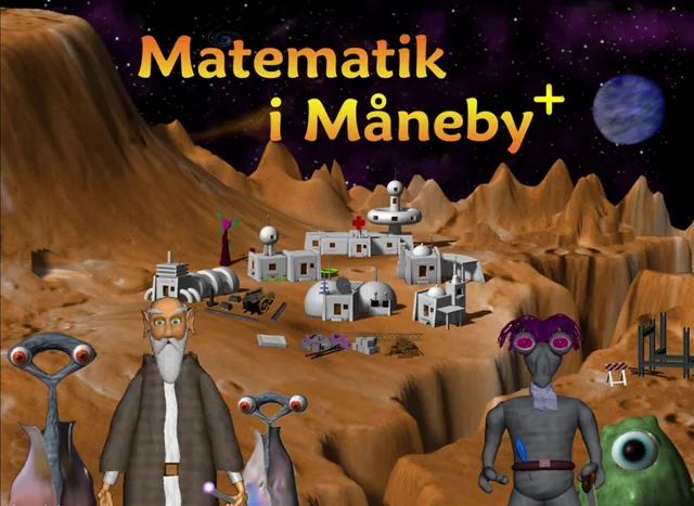 The title screen of Matematik i Måneby with the game's logo over the lunar landscape